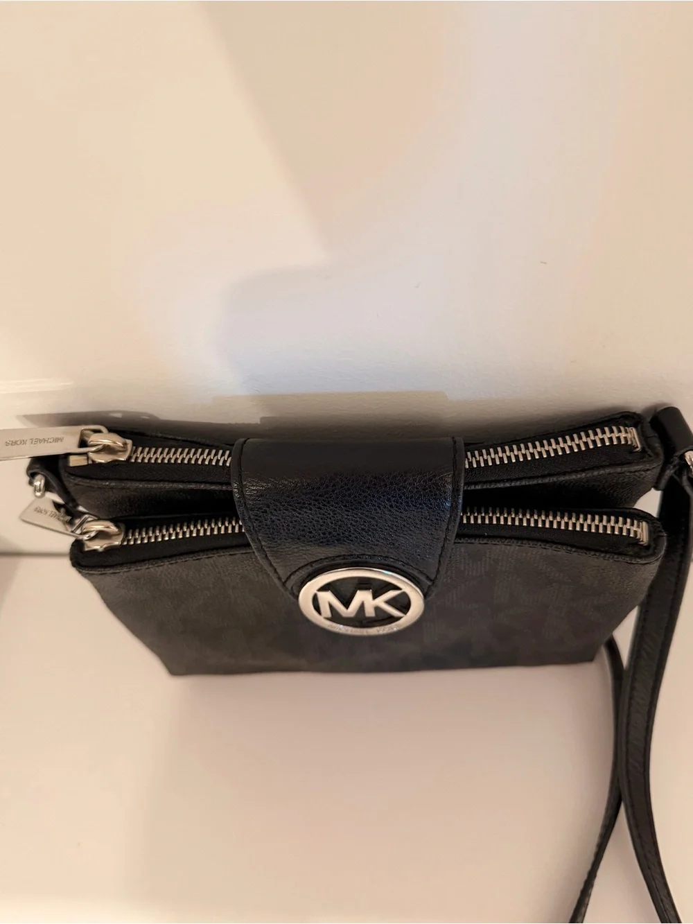 Michael Kors Fulton Black Monogram Crossbody Silver Hardware